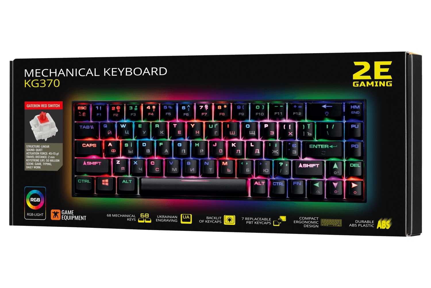 ; Игровая клавиатура 2E KG370 USB 68 key Gateron Red Switch Black