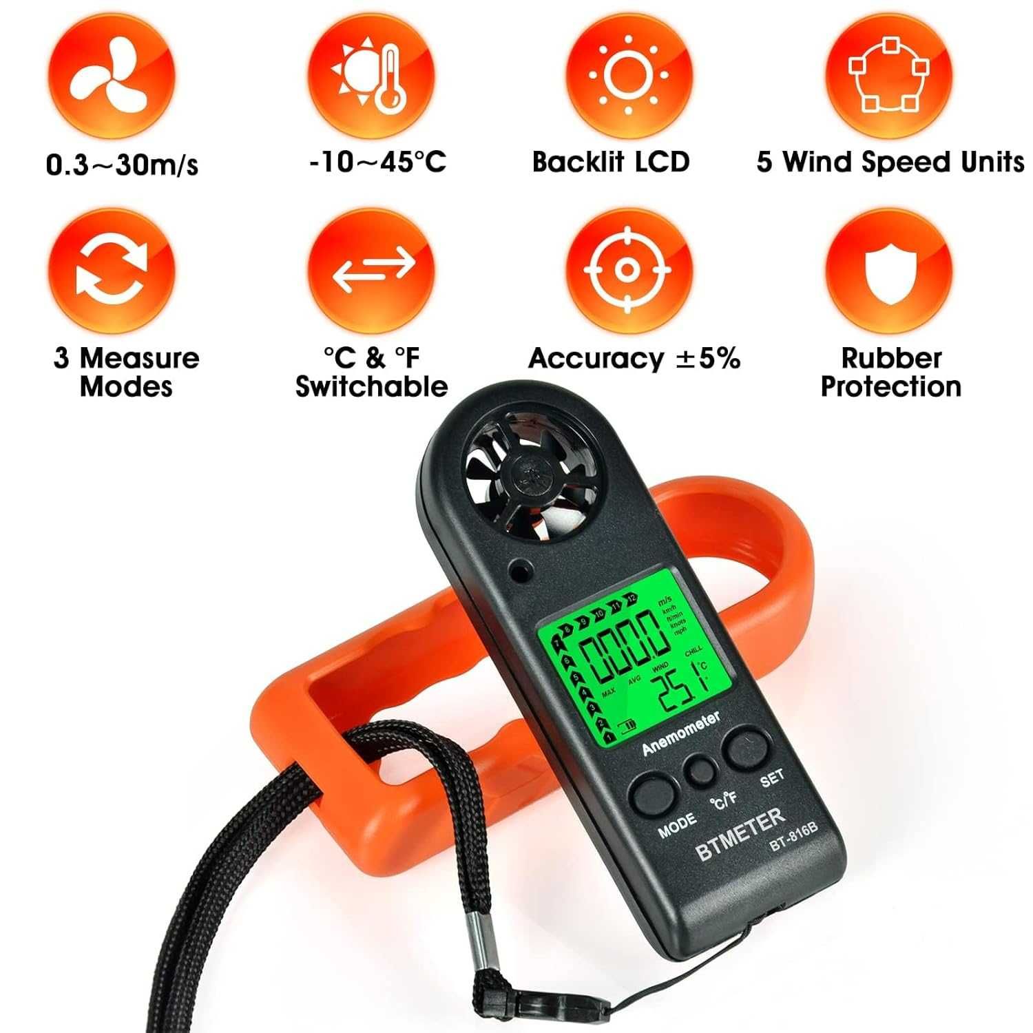Тестер за измерване на скоростта на вятъра- анемометър BTMETER BT-816B