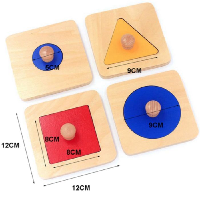 Set 4 puzzle uri din lemn montessori cu maner forme geometrice