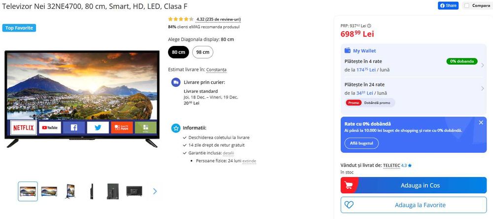 Televizor Smart TV Nei 32NE4700, 80 cm, HD, LED