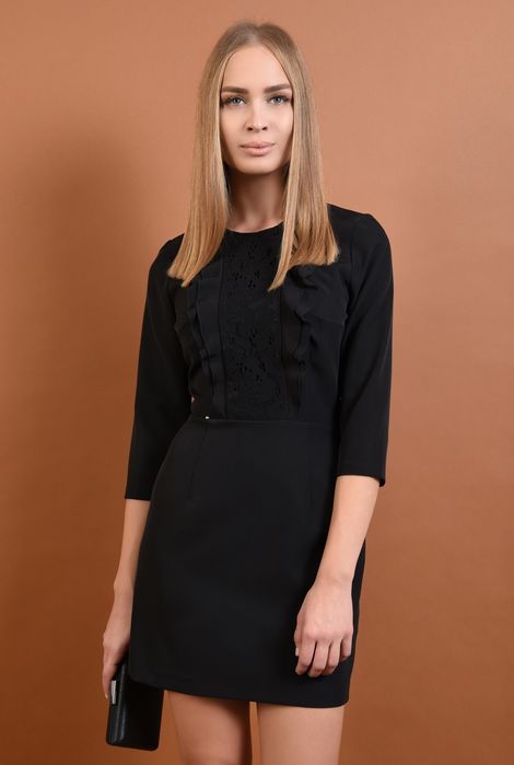 Rochie POEMA, neagră, XS/ 34, cu volane, elegantă