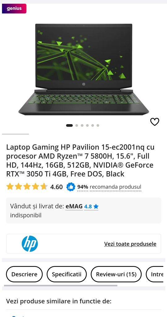 Laptop HP Pavilion 15 Gaming Ryzen 7 5800H RTX 3050TI  32 GB RAM