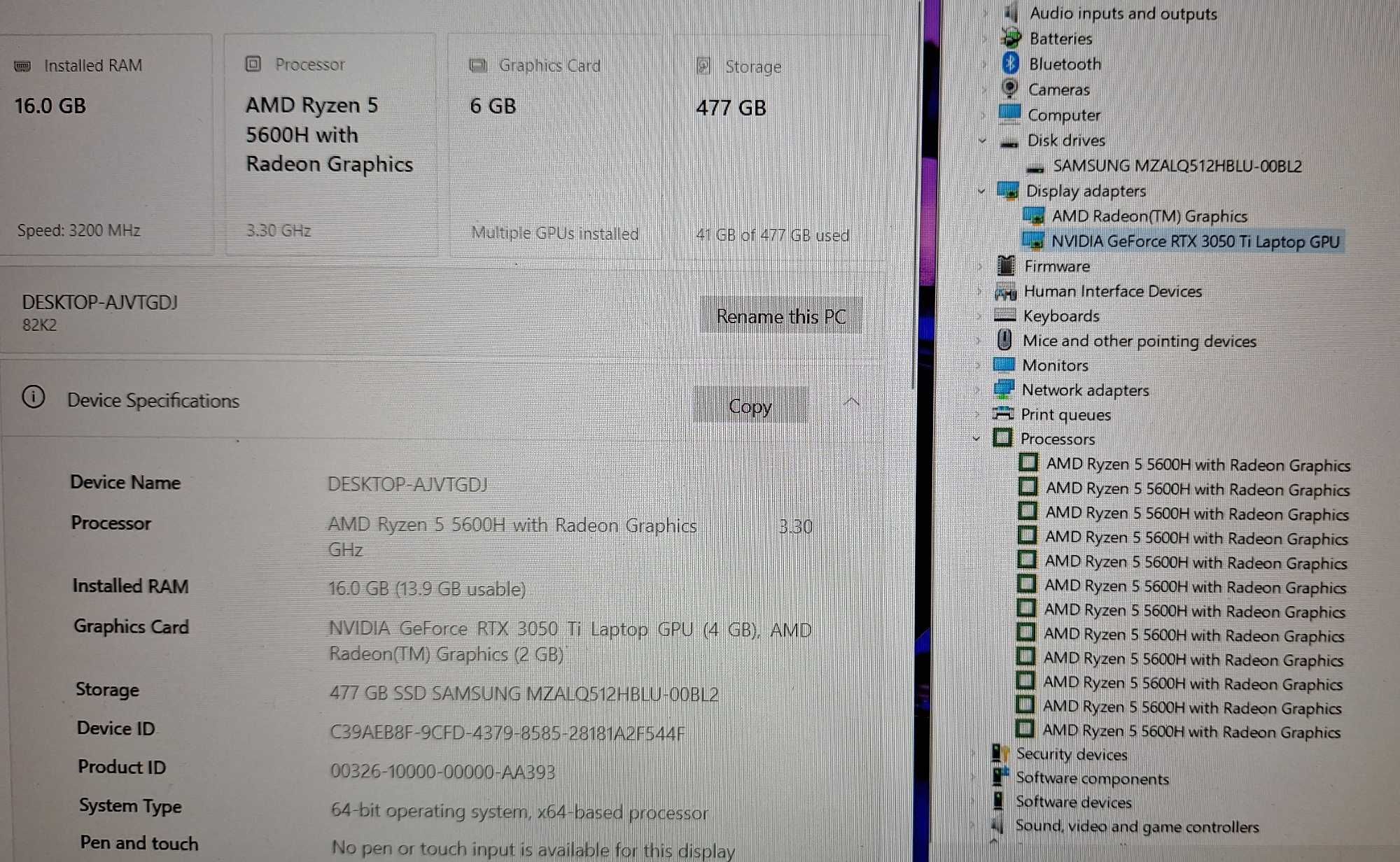 15.6' IPS Lenovo Ryzen 5 5600H/RTX 3050Ti 4GB GDDR6/16GB/512GB/Gaming