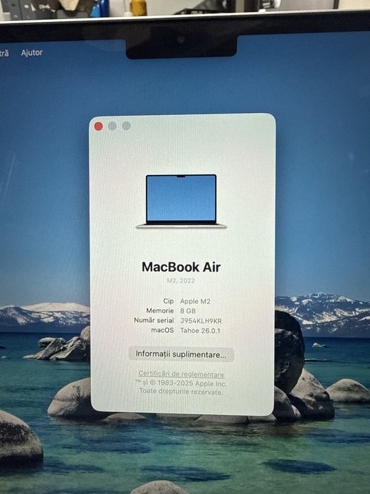 Macbook Air ;M2/2022, 8/250 GB.10 cicluri,impecabil (ca nou).