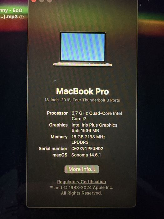 Macbook Pro 13 inch, 2018, I7, 4 thunderbolt