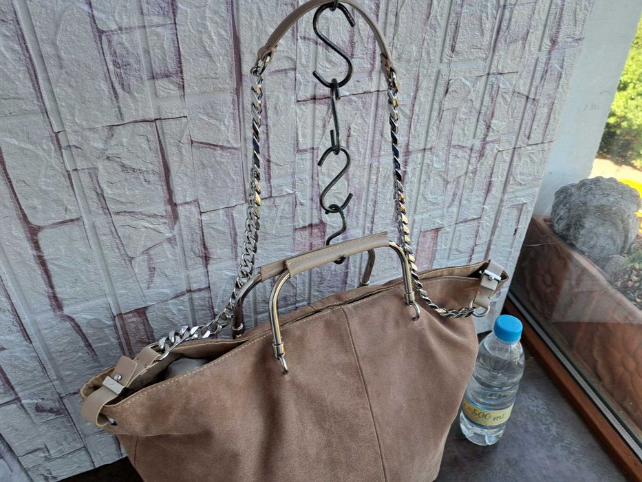 дамска чанта ZARA,бежова велурена торба-естествена кожа