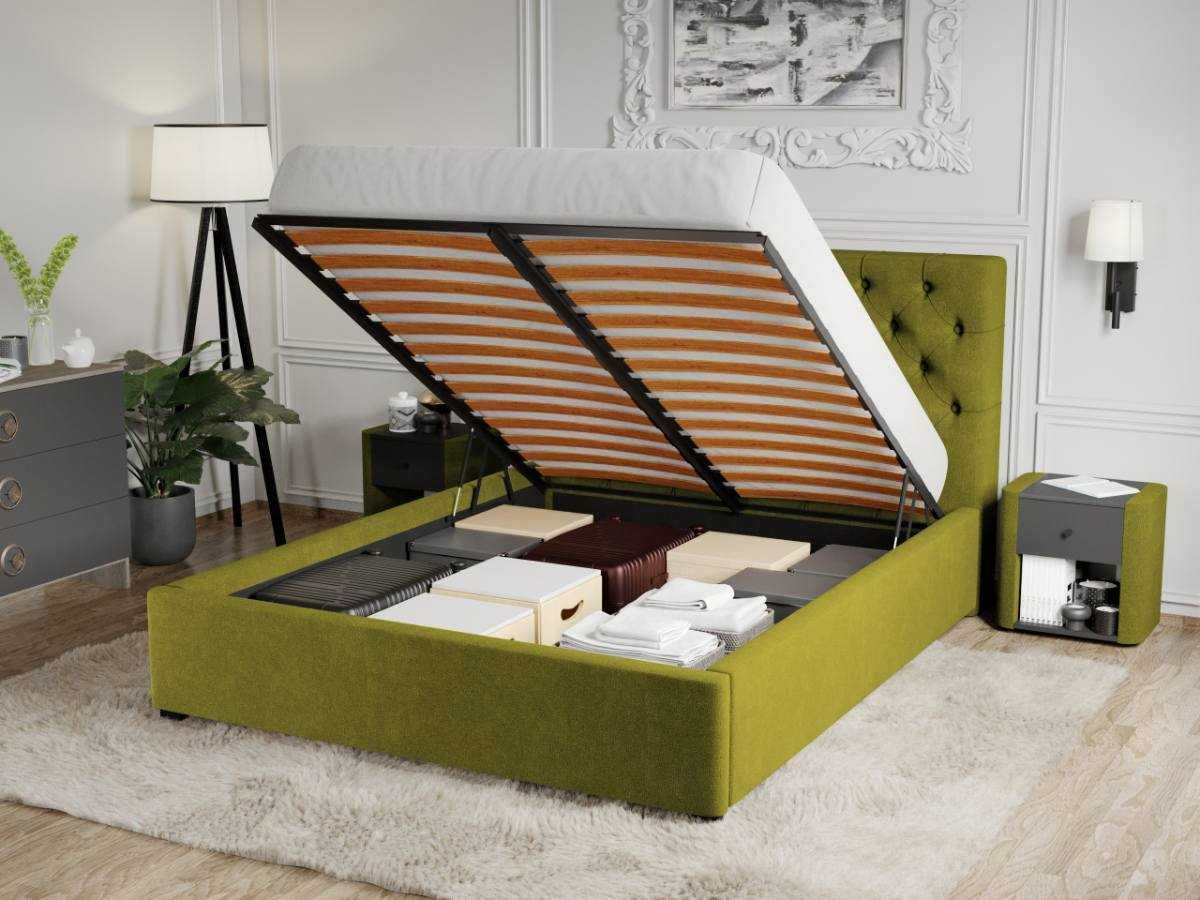 Pat Tapitat Catifea Riviera Verde deschis cu somiera rabatabila+lada