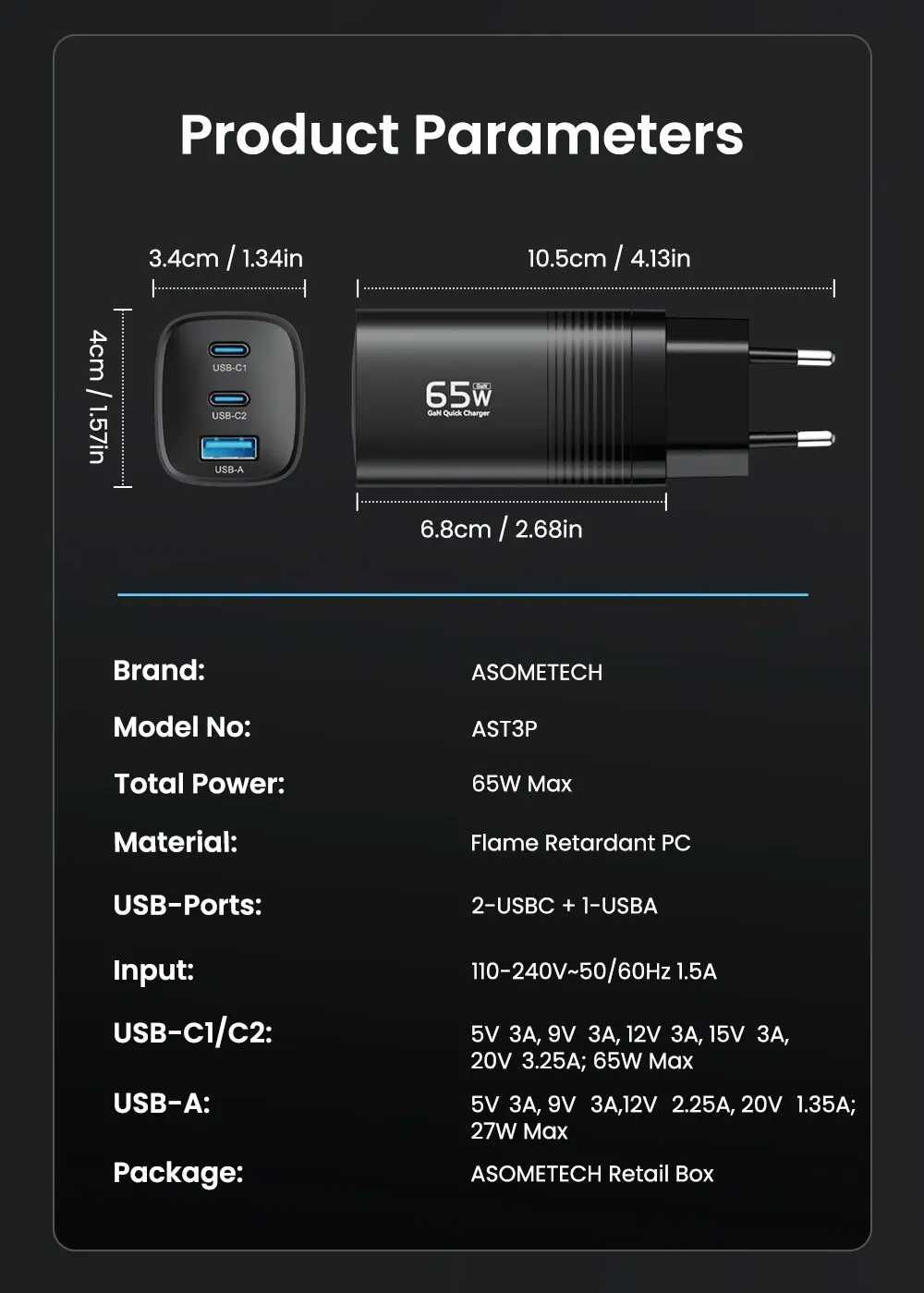 Încărcător GaN ASOMETECH 65W + cablu Toocki USB C-C 100W