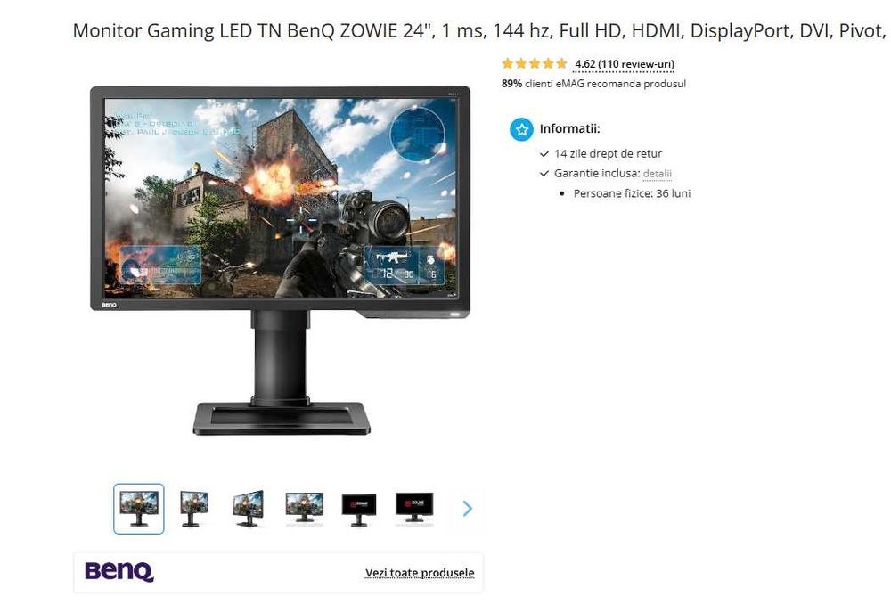 Monitor Gaming TN Full HD BenQ ZOWIE 24", 1 ms, 144 hz - Esports