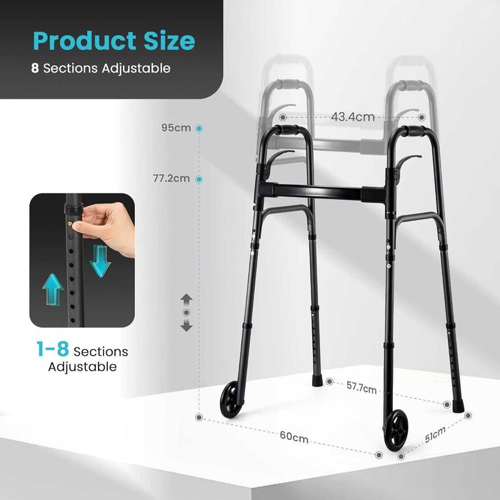 НОВА! Лека сгъваема проходилка с колелца, регулируема и тригер функция