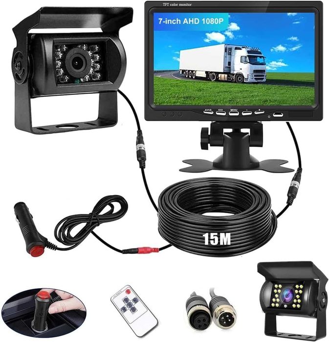 Camera marsarier cu monitor 7inch 12V - 24V, cablu 15m utilaje masini