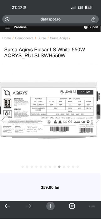 Sursă AQIRYS Pulsar LS White 550W – 80+ White, stare impecabila, silen
