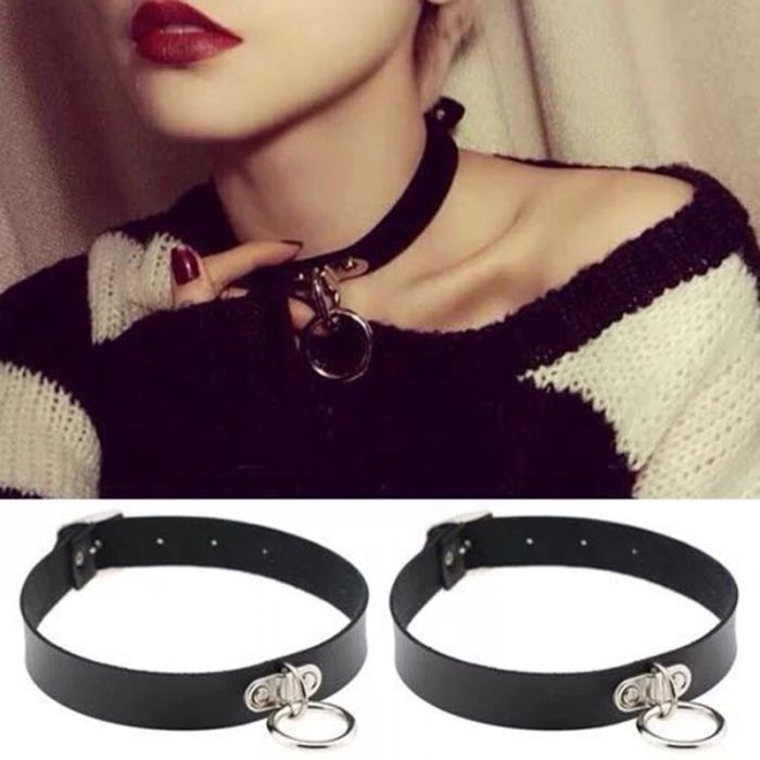 Chocker Lant Colier cu Inel metalic negru piele reglabil O