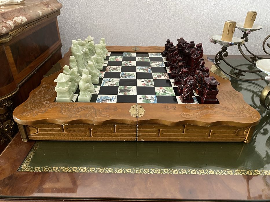 Sah Lemn Masiv Piese Piatra Steatit Vintage