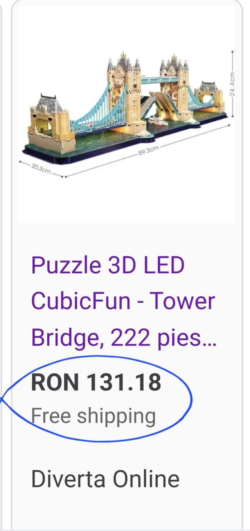 Cubic Fun - Puzzle 3D Led Tower Bridge 222 Piese nou