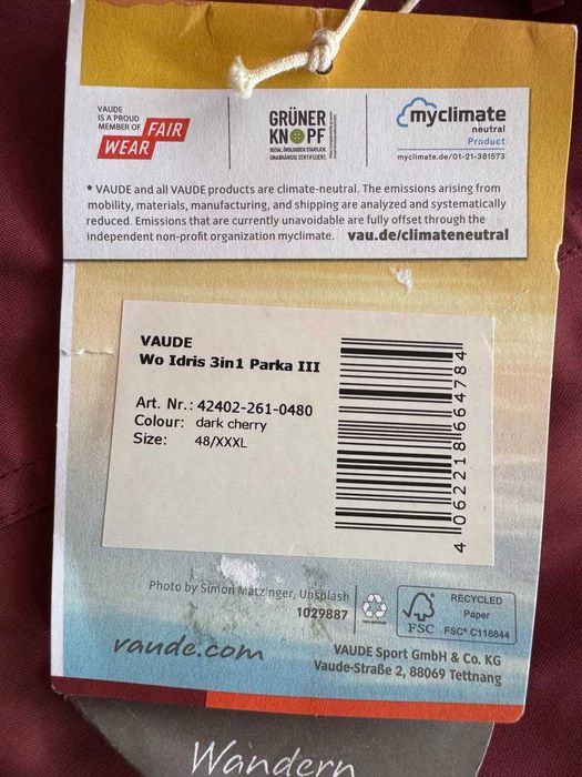дамско зимно дебело яке от две части, VAUDE, цвят чери, размер 3XL/48