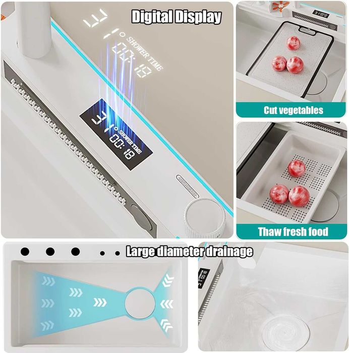 Луксозна бяла мултифункционална кухненска мивка с двоен водопад