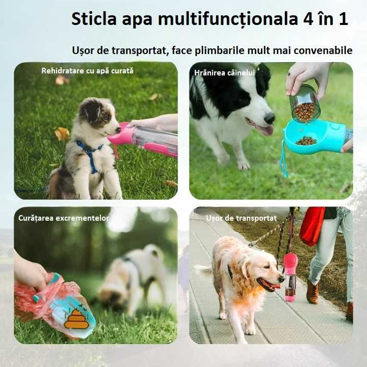 Sticlă Apă Portabilă pentru Animale de Companie 4-in-1, 40cm, 500ml