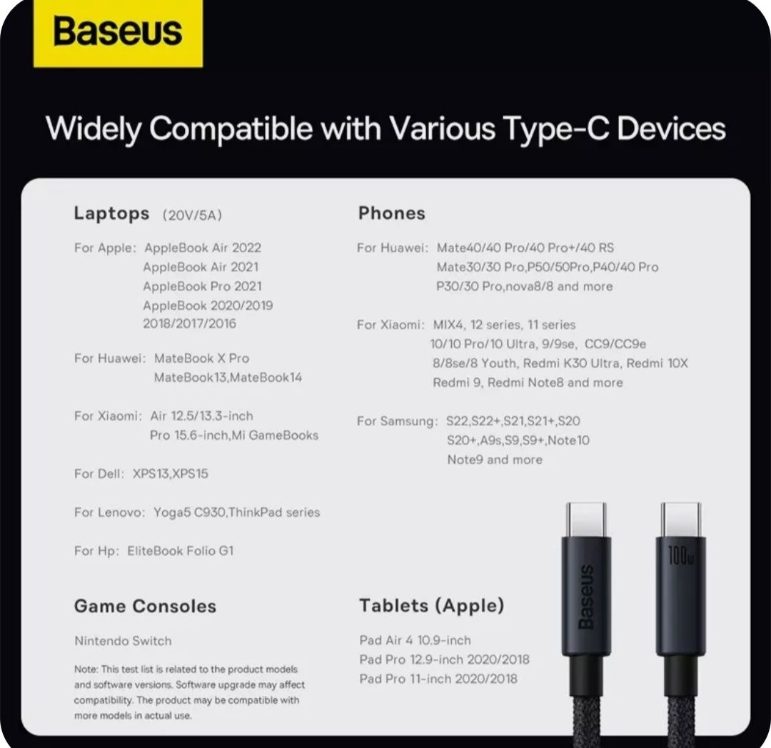 Качественный 2метровый кабель USB Type C Baseus, быстрая зарядка 100w.