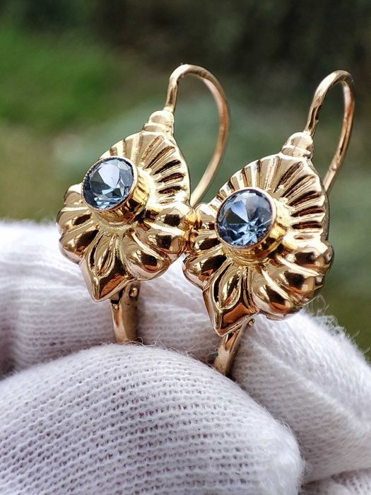 Cercei Aur 14K Ungaria Cu Topaz Albastru +