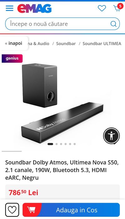 Soundbar Dolby Atmos, Ultimea Nova S50, 2.1 canale, 190W, Bluetooth 5.