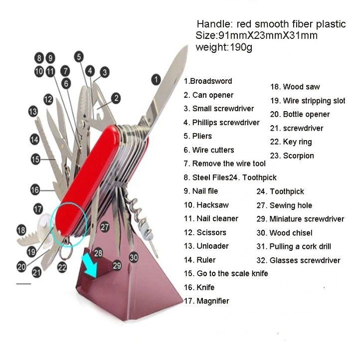 Тип Швейцарско ножче 32в1 мултифункционален,армейски мултитул,сгъваем