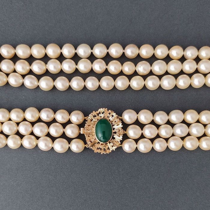 colier 3 rd. perle apa sarata, aur 18k, calcedonie, certif.