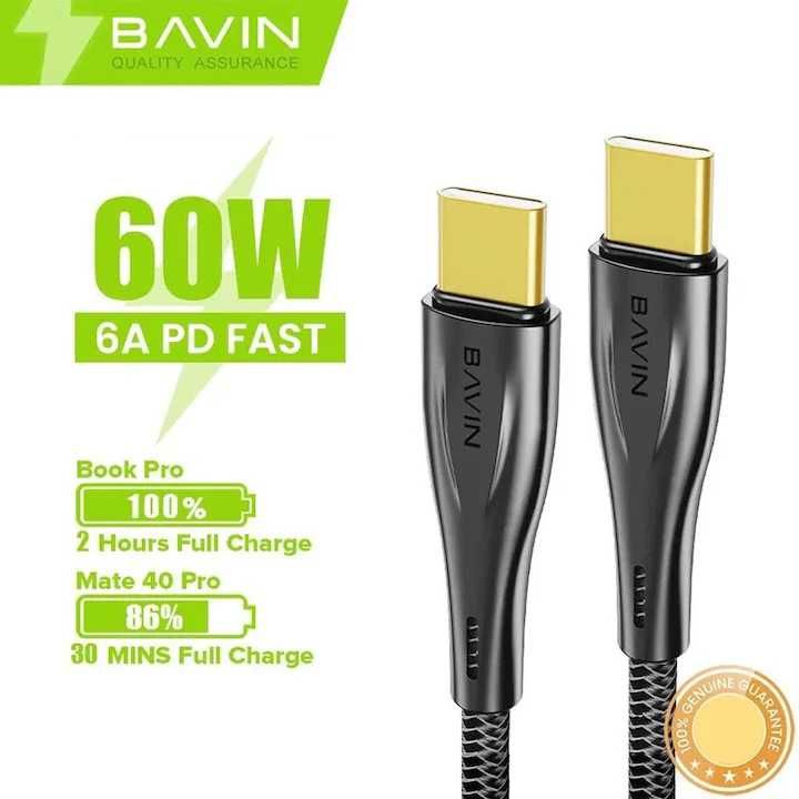 Cablu date si incarcare Bavin USB-C la USB-C, 60W, 1.5m, Alb sau Negru