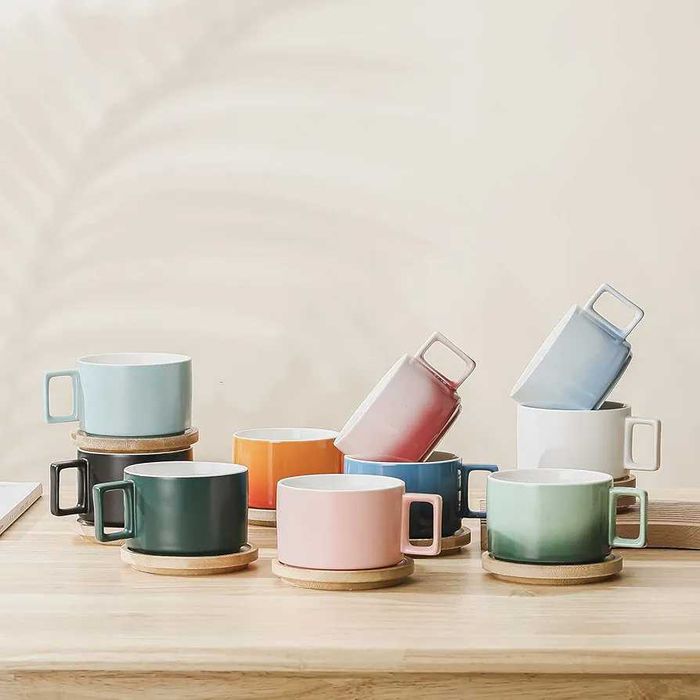 Set ceașcă de cafea ceramică & farfurie lemn Henten Home (310 ml),ceai