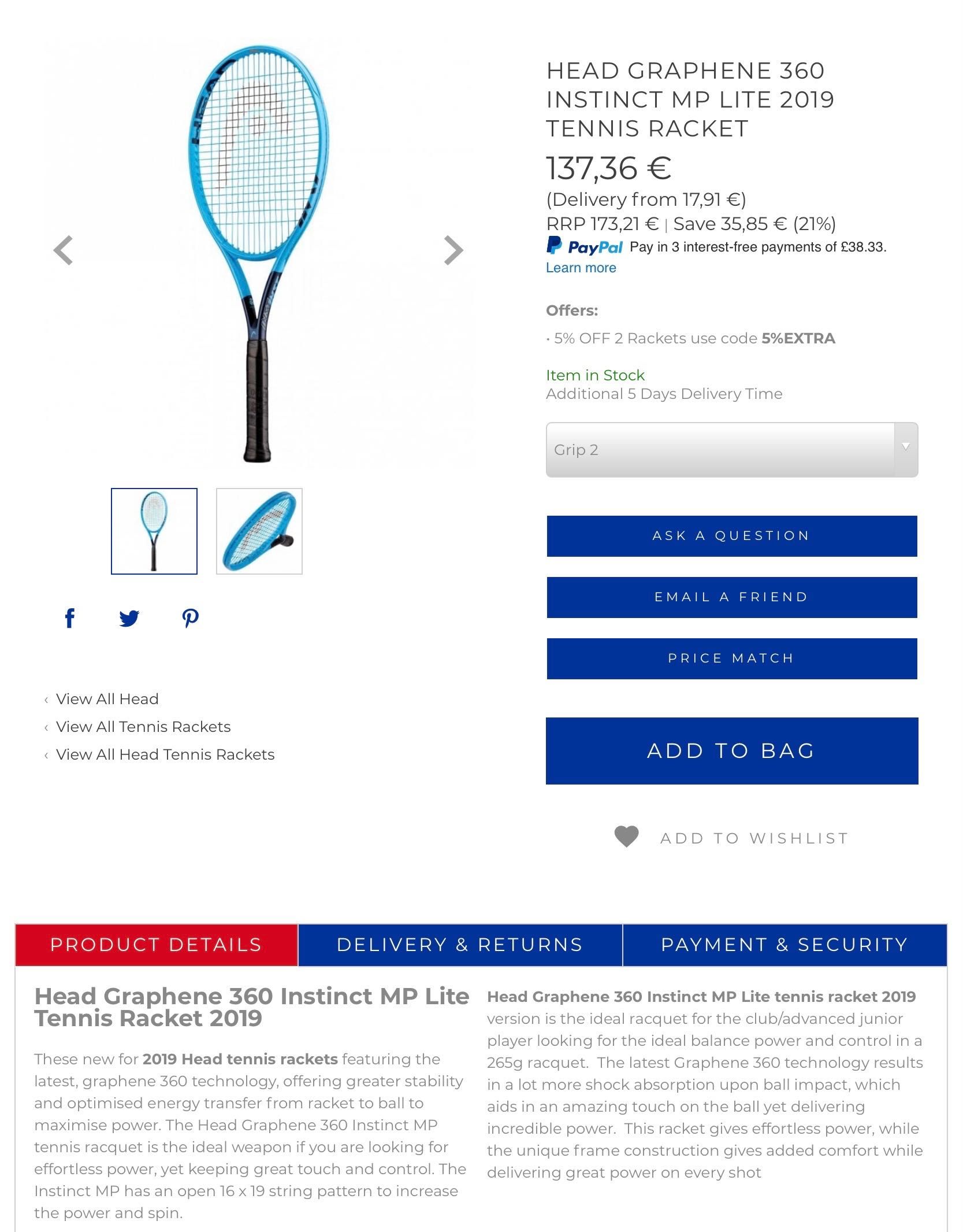 HEAD graphene 360 instinct MP LITE 265 Г тенис ракета