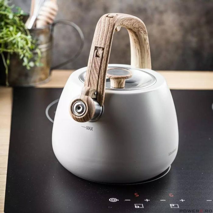 Ceainic, fierbator cu fluierat din otel inoxidabil, alb, cu maner din