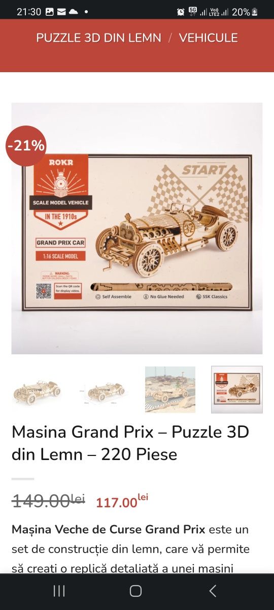 Masina Grand Prix – Puzzle 3D din Lemn – 220 Piese (sigilata)