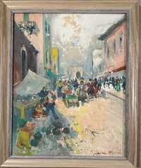 Tablou Peisaj Dimineața in Piata pictura ulei pe pânză inramat 45x56cm