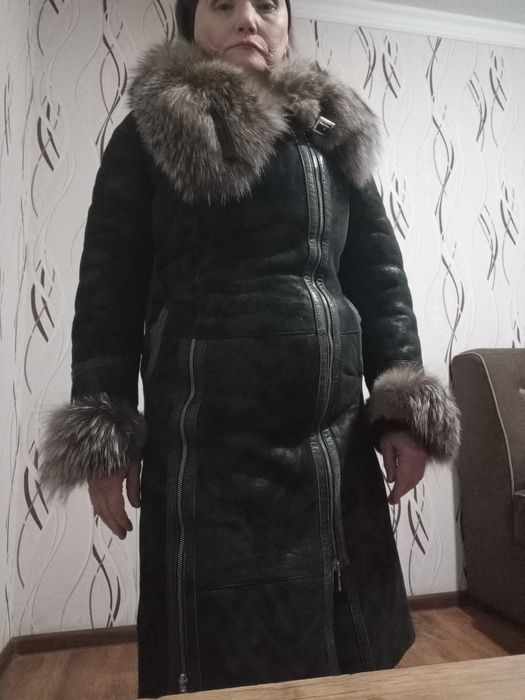 Дублёнка черная кожа воротник песец
