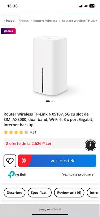 Router Tp link NX510v 5G cu slot de SIM