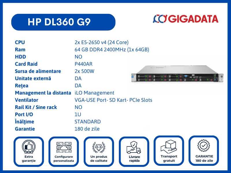 HP DL360 G9 2x E5-2650 v4 64GB P440AR 2x PS Server 6 Luni Garantie