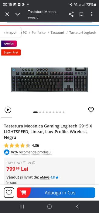 Tastatura gaming mecanica Logitech G915 X LIGHTSPEED Tactile Switch ,