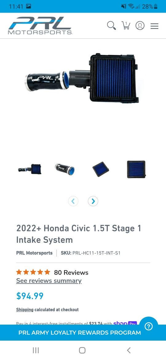 PRL intake stage 1 Honda Civic 2022+
