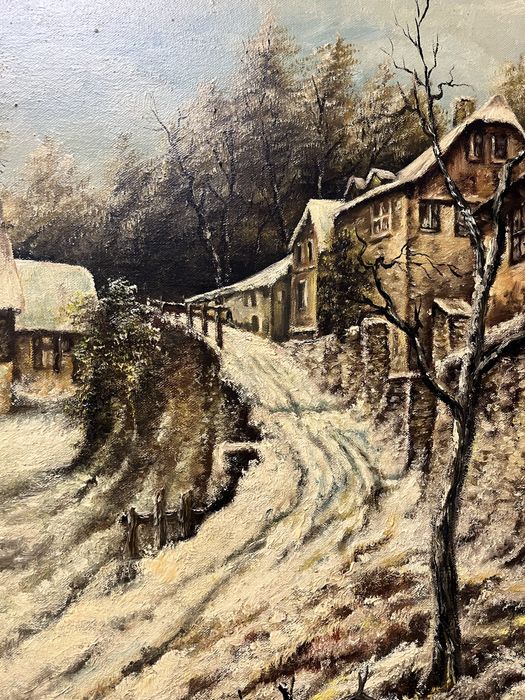 Прекрасен,зимен,селски пейзаж на платно с маслени бои