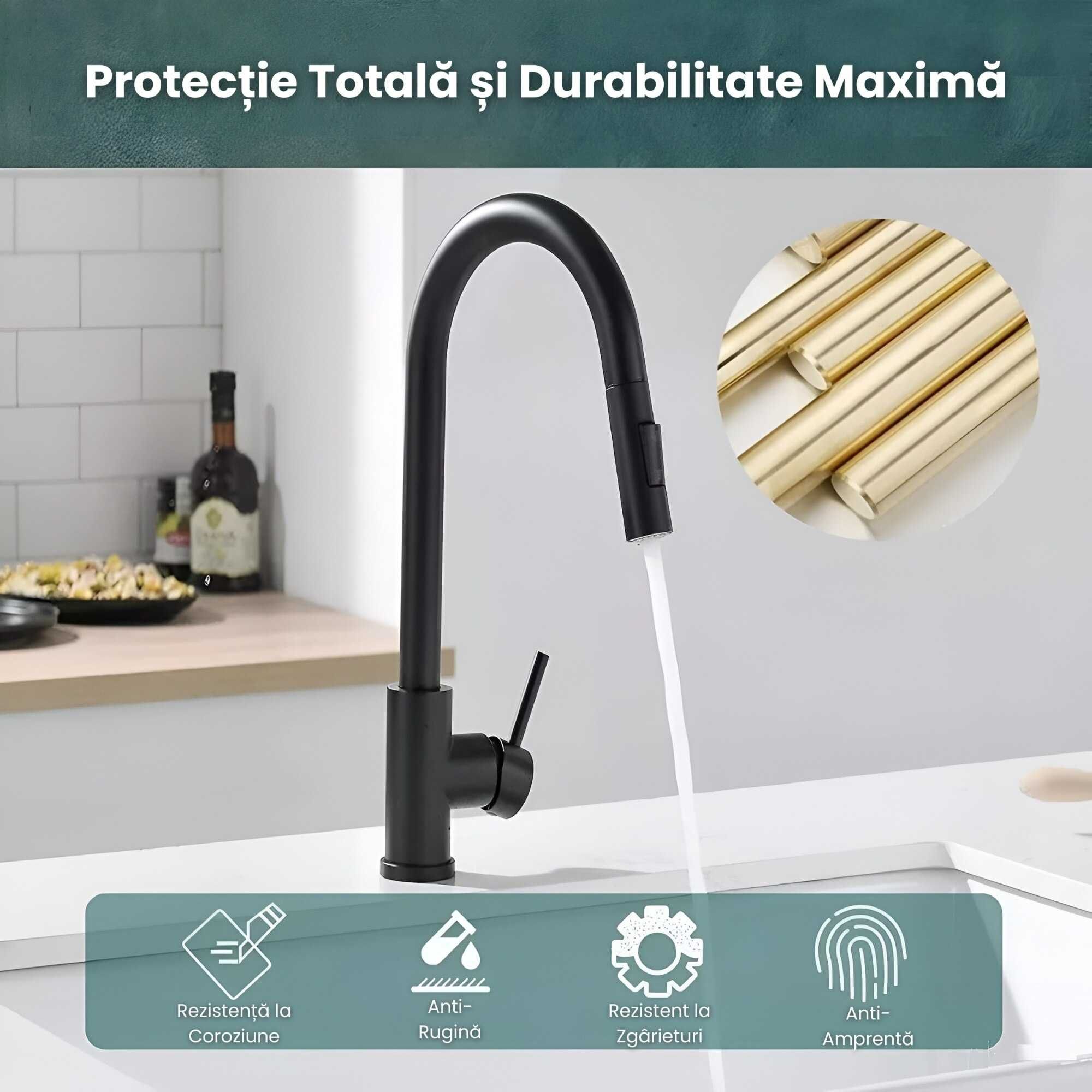 Baterie Chiuveta Bucatarie, Pipa Extractabila,Otel Inoxidabil, Negru
