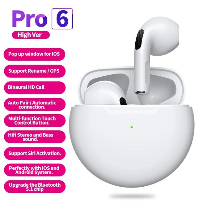 Безжични слушалки Pro 6, IPX4 водоустойчив, зареждаща се кутия