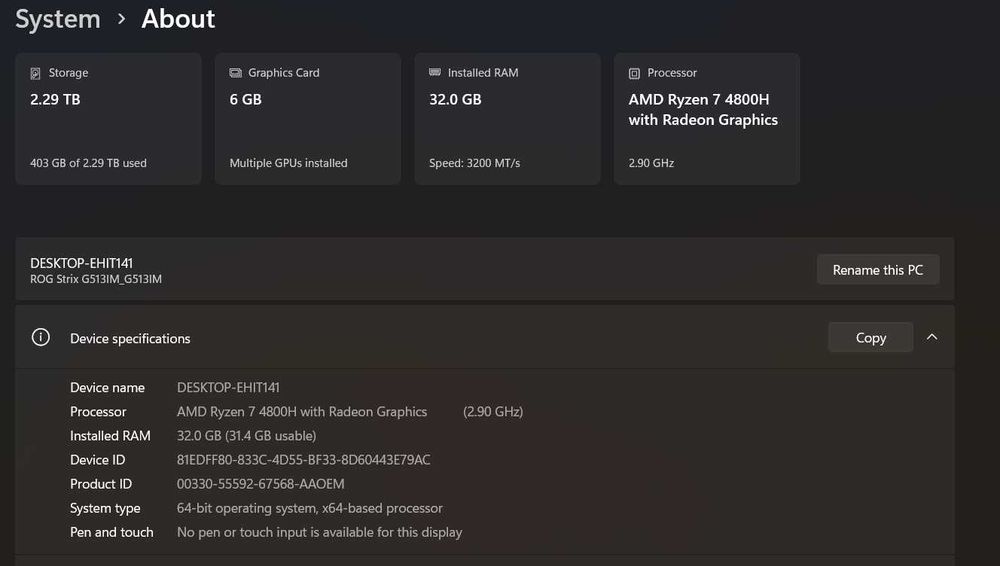 Asus ROG G513IM - Ryzen 7 4800h, 32 GB RAM, 2 TB SSD M.2