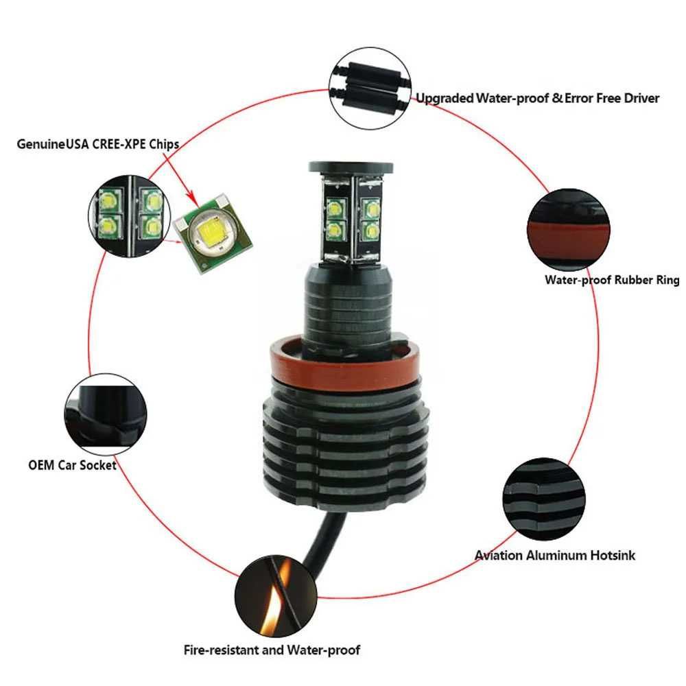 Set LED 80W Canbus Angel Eyes H8 lumina alba BMW E90 E91 LCI cu xenon