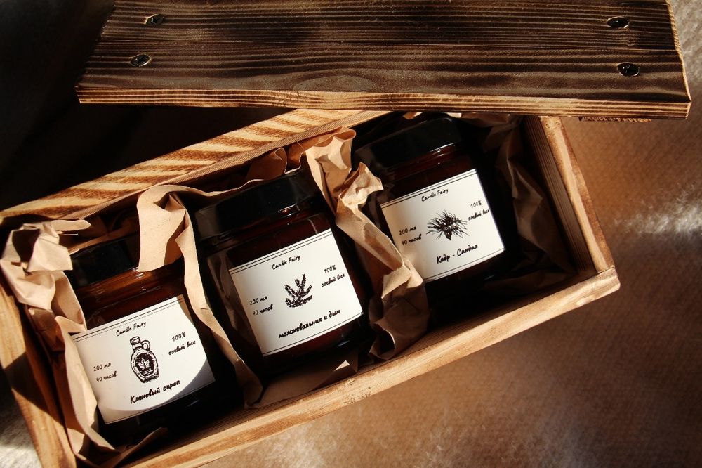 Подарочный набор из трёх свечей. Свечи соевые. Шкатулка