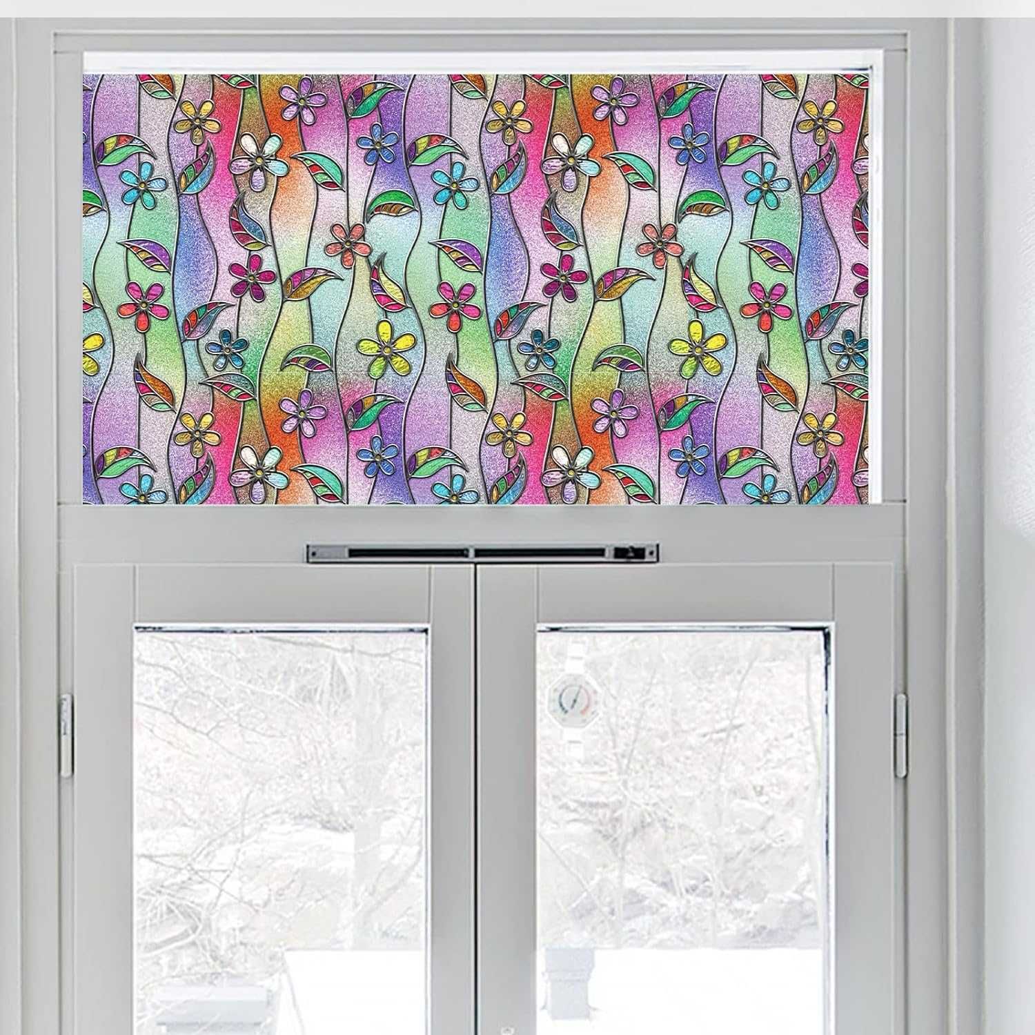 Film pentru fereastra cu vitralii 3D , floral , multicolor , 90x200cm