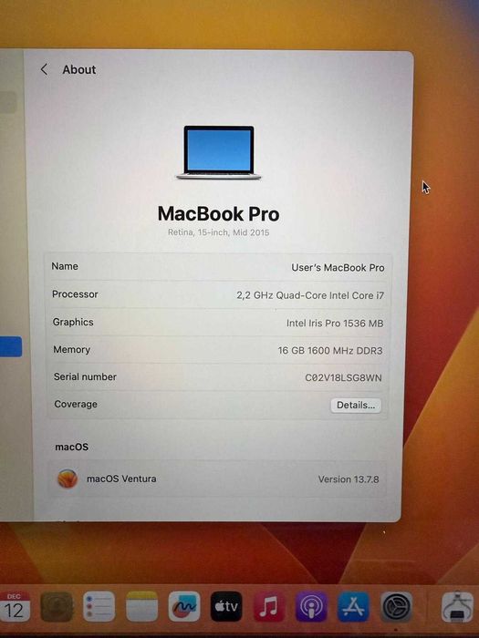 Macbook Pro Retina 15'' A1398 16GB RAM 256GB SSD