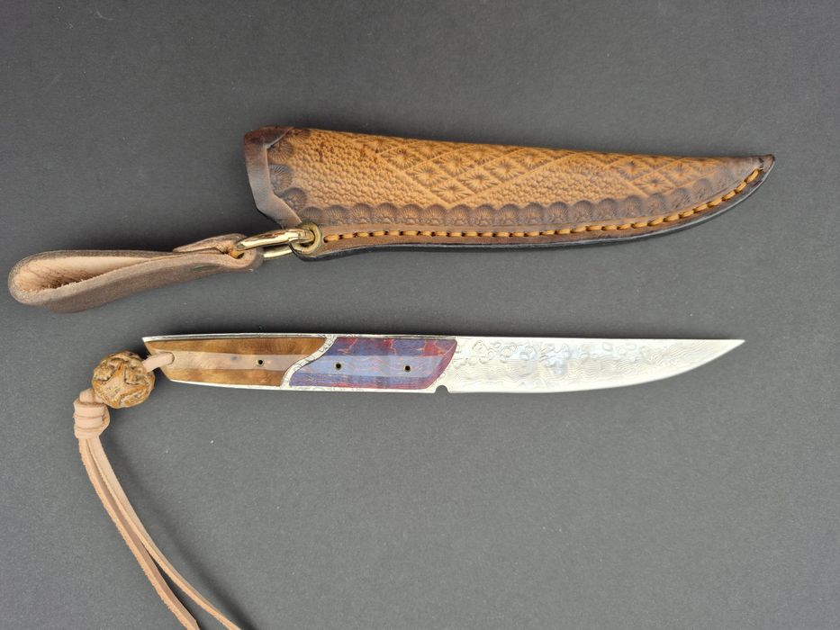 Компактен ловен нож,фултанг дамаска стомана с кожена кания, LN426