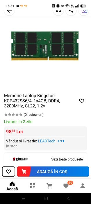 Memorie RAM Laptop 4GB 1Rx16 PC-3200MHz Kingston
