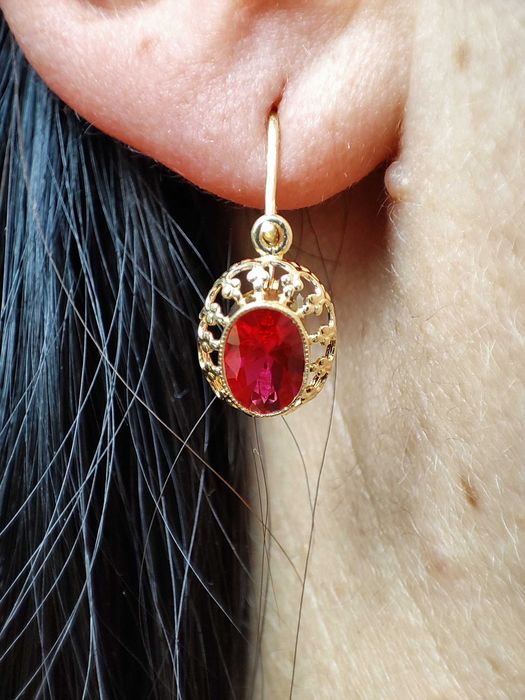 Cercei Aur 14K Cu Rubelit Ungaria Fleur De Lis +