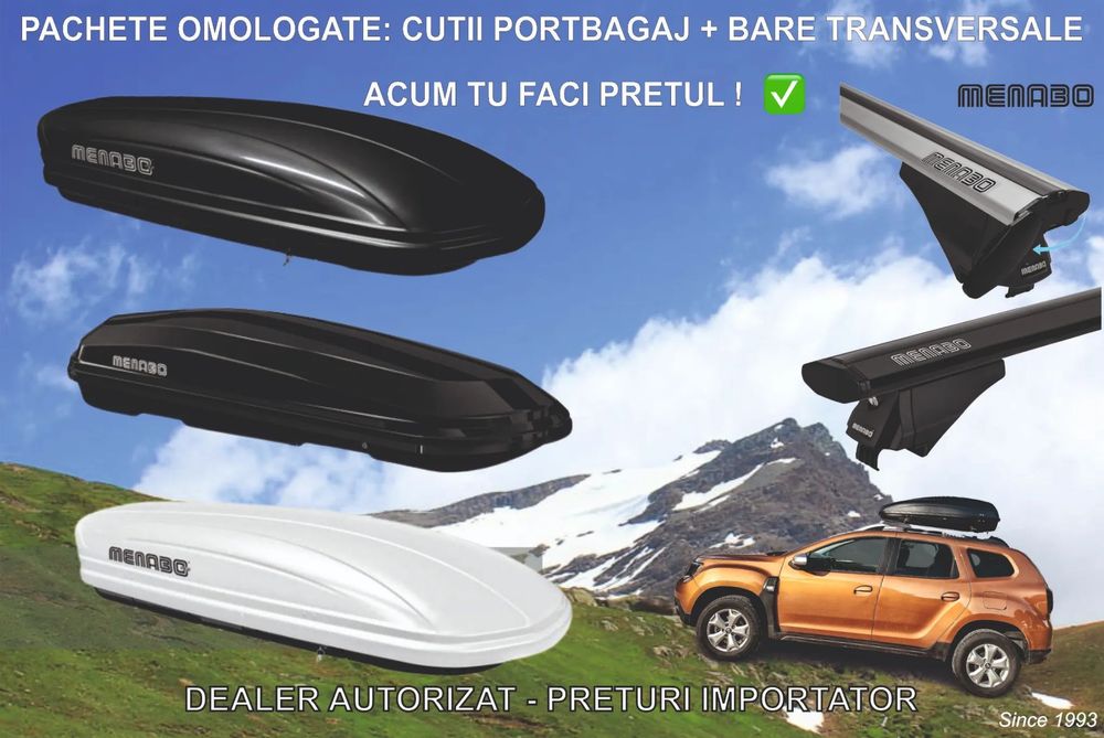 Pachet Cutii Portbagaj Auto Menabo + Bare Transversale, Noi cu Factura & Garantie_Pret Importator